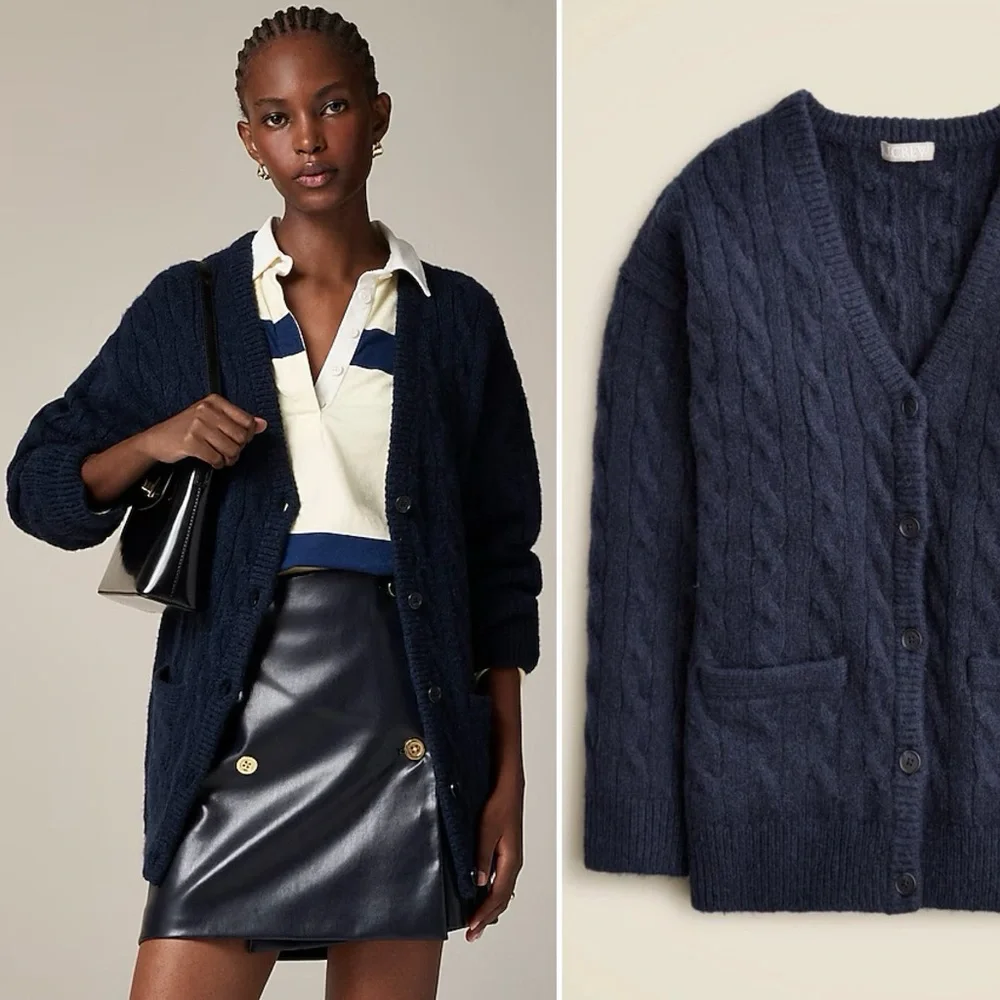 J.CREW Relaxed Cable Knit Cardigan Sweater Navy Blue Oversized Button Front NEW